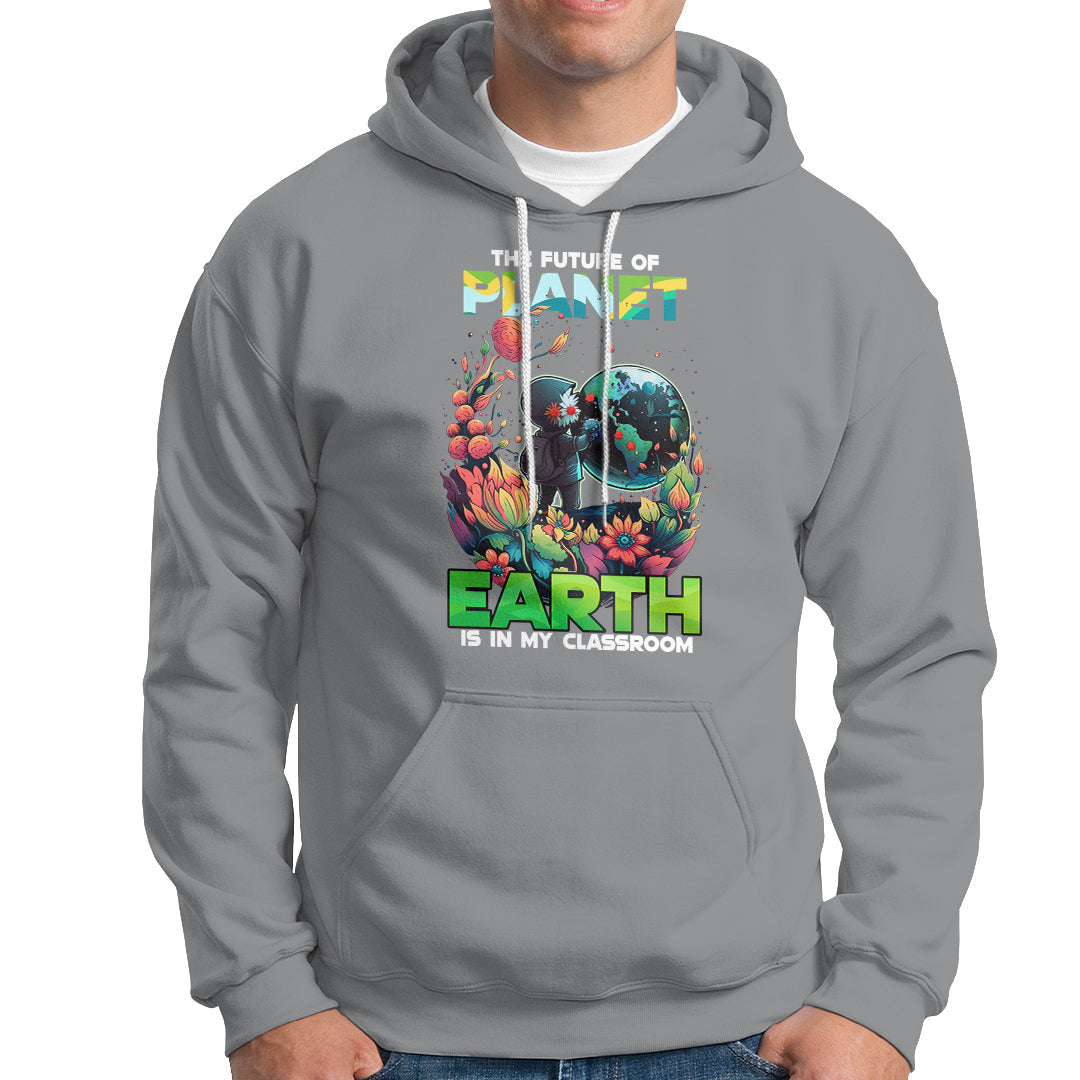 Sport gray Earth Day graphic hoodie with front pocket and hood, long sleeves.