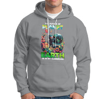 Sport gray Earth Day graphic hoodie with front pocket and hood, long sleeves.