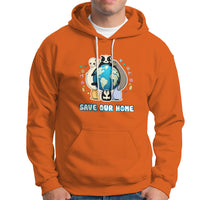 Orange pullover hoodie with animal globe graphic, 'SAVE OUR HOME' on chest, front pocket.