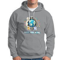 Sport gray pullover hoodie with animal globe graphic, 'SAVE OUR HOME' on chest, front pocket.
