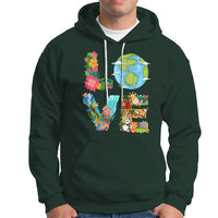 Dark forest green pullover hoodie with colorful Earth and wildlife graphic, kangaroo pocket