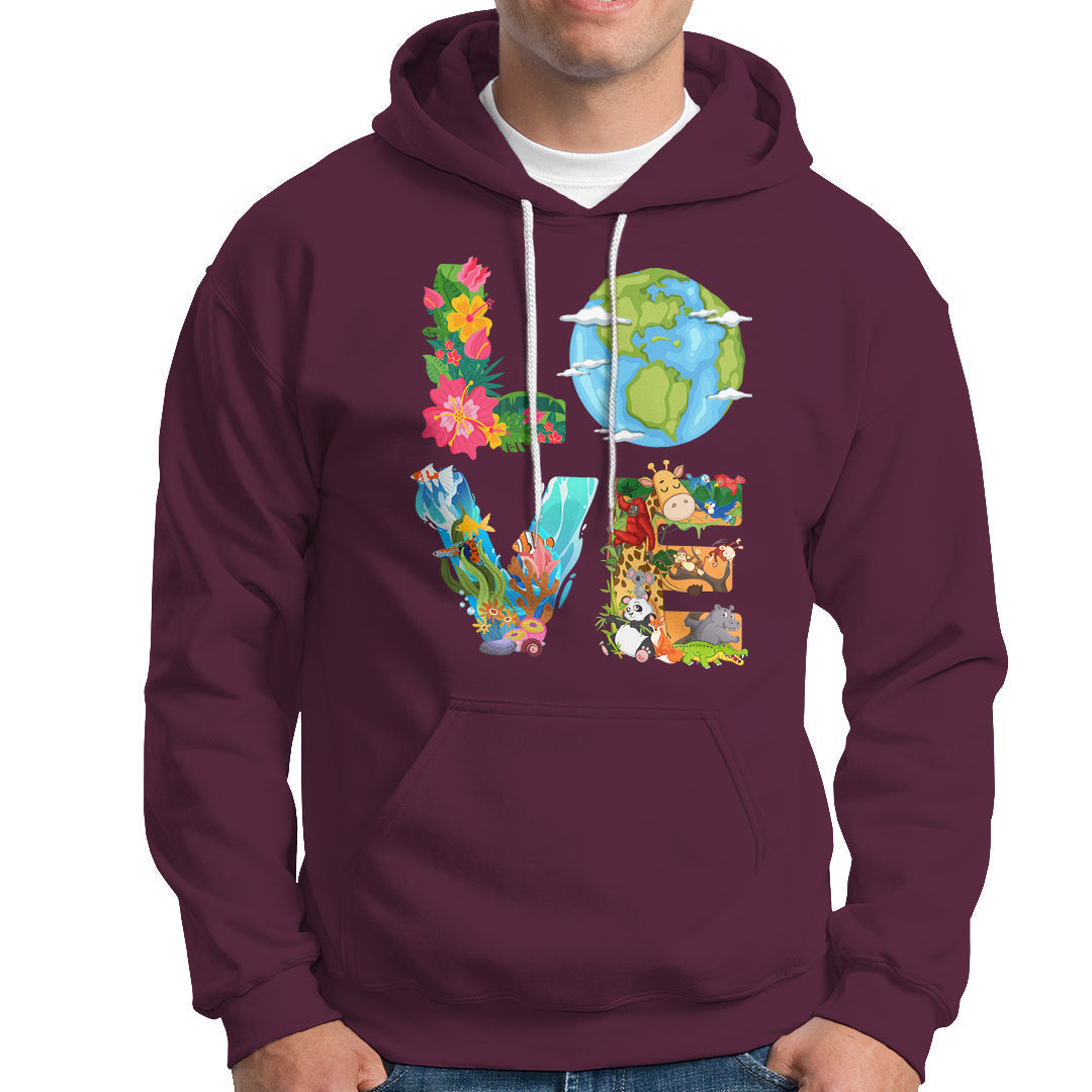 Maroon pullover hoodie with colorful Earth and wildlife graphic, kangaroo pocket