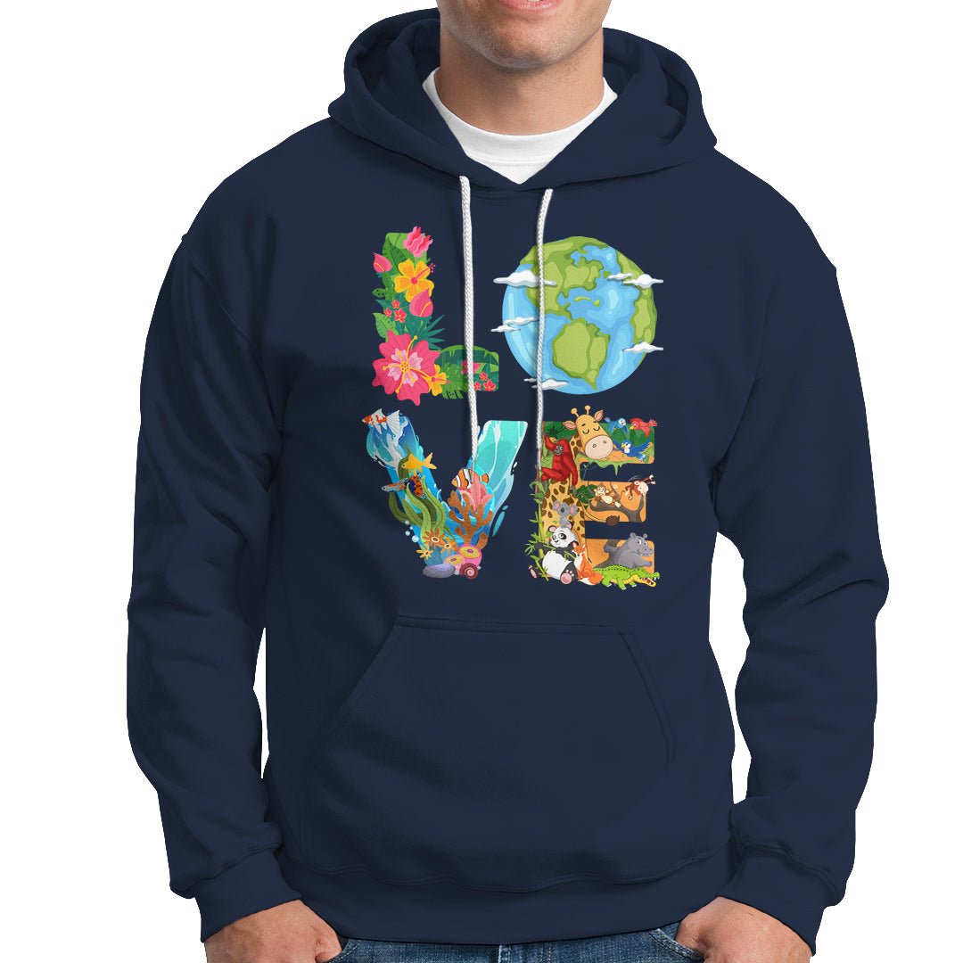Navy pullover hoodie with colorful Earth and wildlife graphic, kangaroo pocket