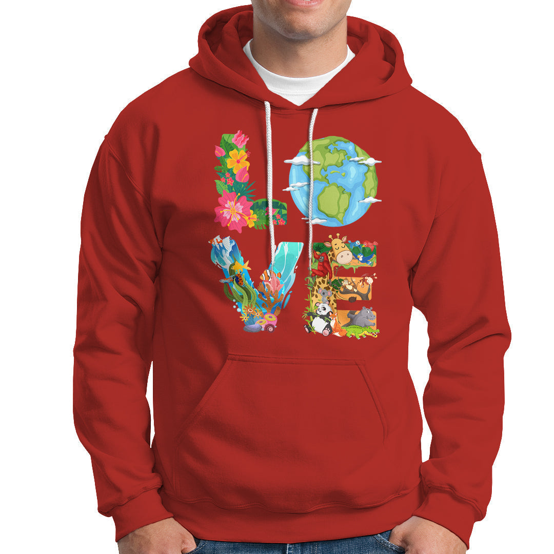 Red pullover hoodie with colorful Earth and wildlife graphic, kangaroo pocket