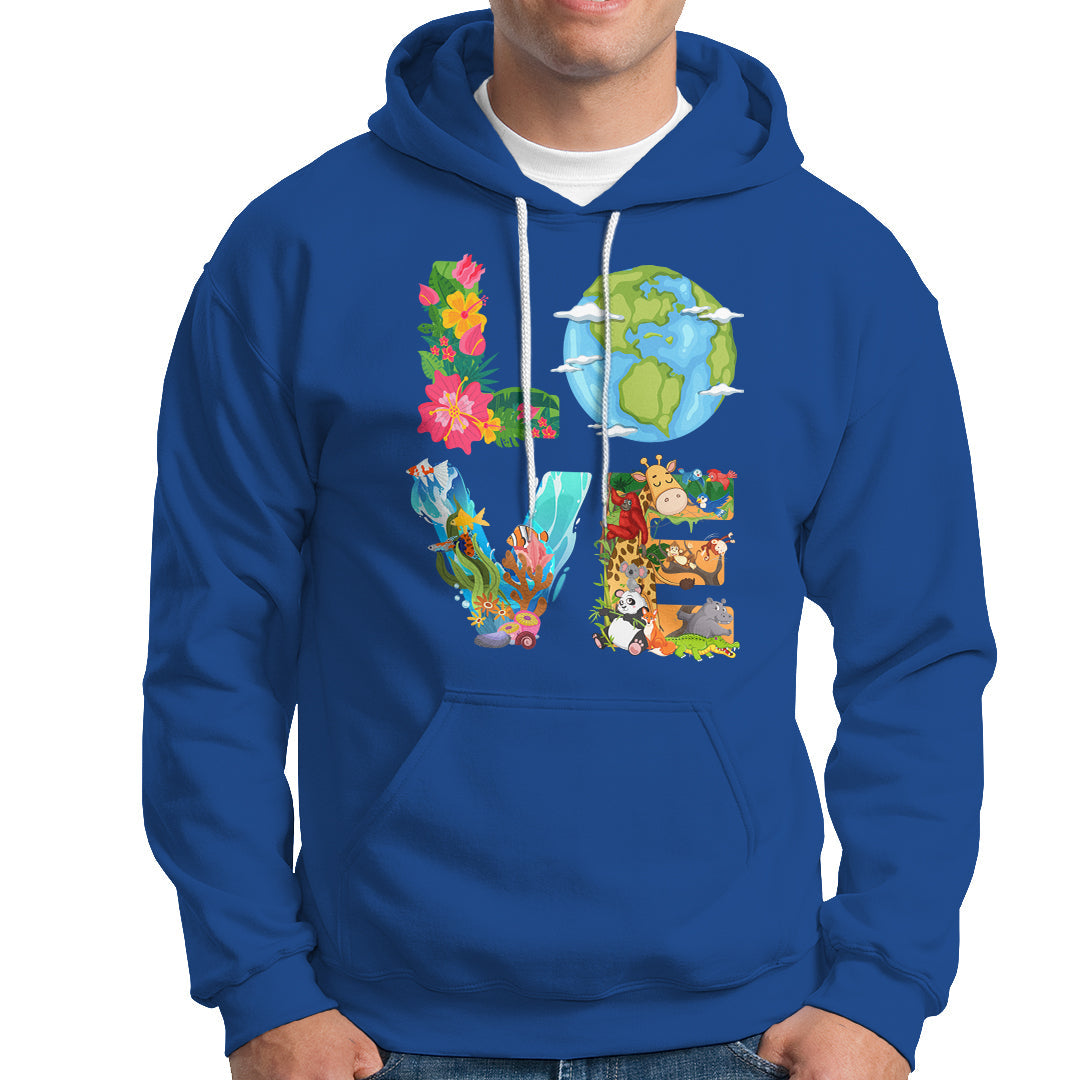Royal blue pullover hoodie with colorful Earth and wildlife graphic, kangaroo pocket