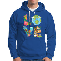 Royal blue pullover hoodie with colorful Earth and wildlife graphic, kangaroo pocket