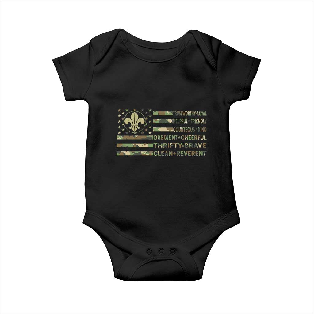 Scout Law Values Baby Onesie American Camo Flag Retro Vintage