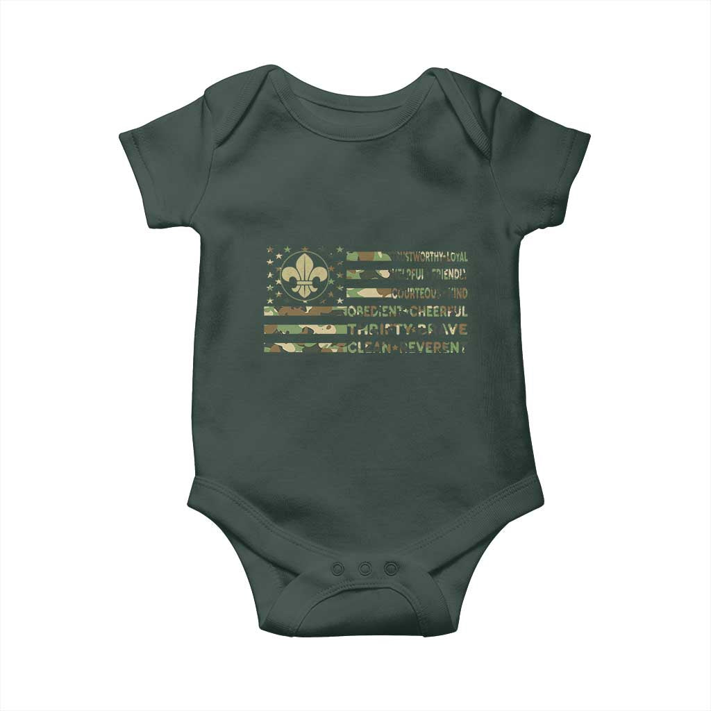 Scout Law Values Baby Onesie American Camo Flag Retro Vintage