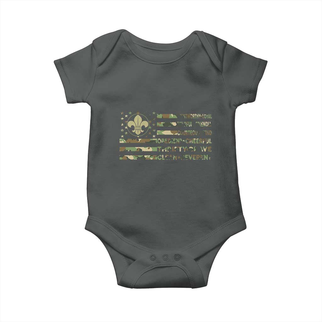 Scout Law Values Baby Onesie American Camo Flag Retro Vintage