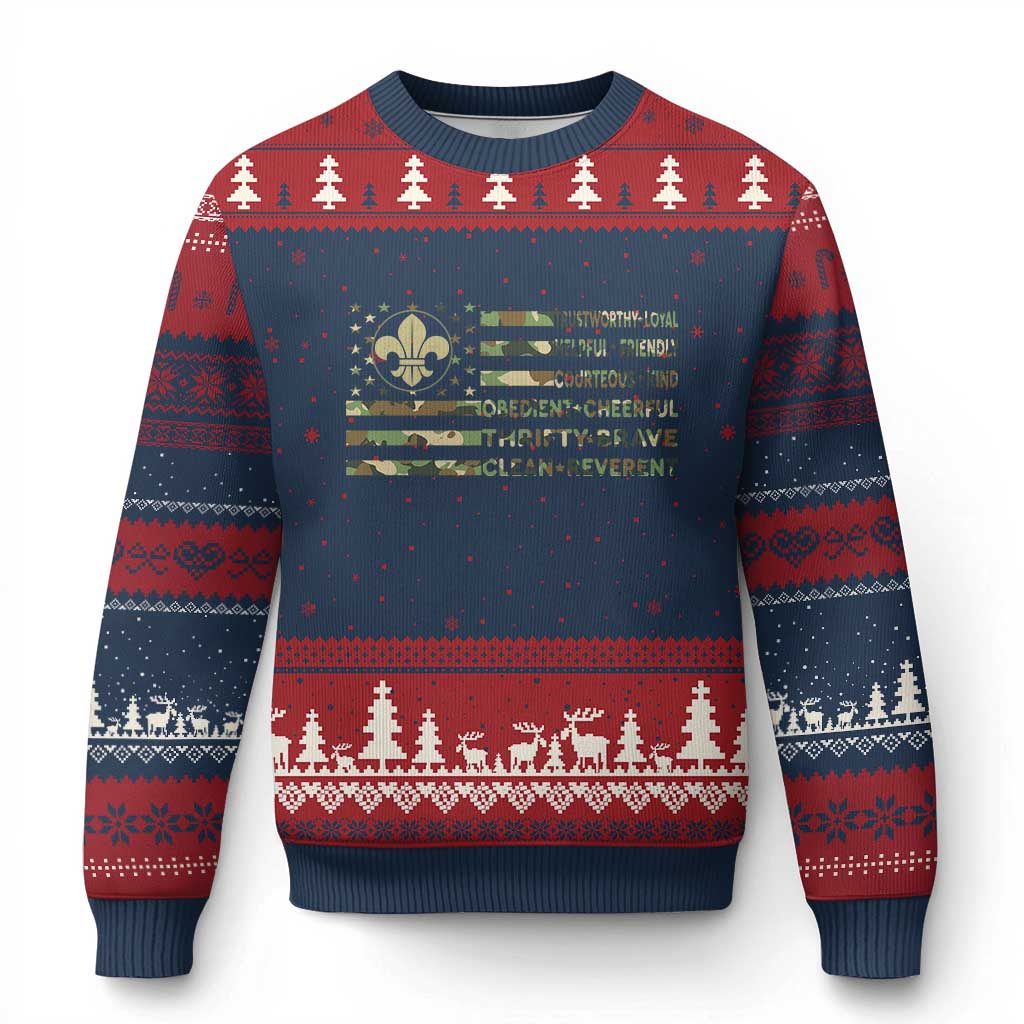 Scout Law Values Ugly Christmas Sweater American Camo Flag Retro Vintage - Wonder Print Shop