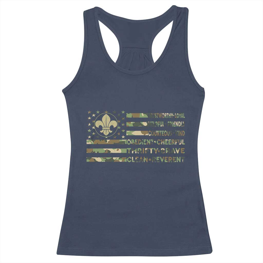 Scout Law Values Racerback Tank Top American Camo Flag Retro Vintage
