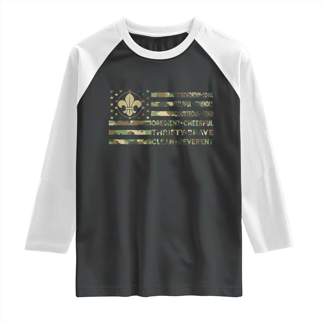 Scout Law Values Raglan Shirt American Camo Flag Retro Vintage