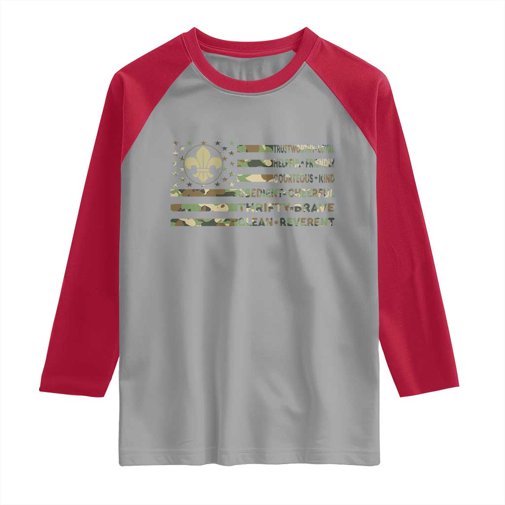 Scout Law Values Raglan Shirt American Camo Flag Retro Vintage