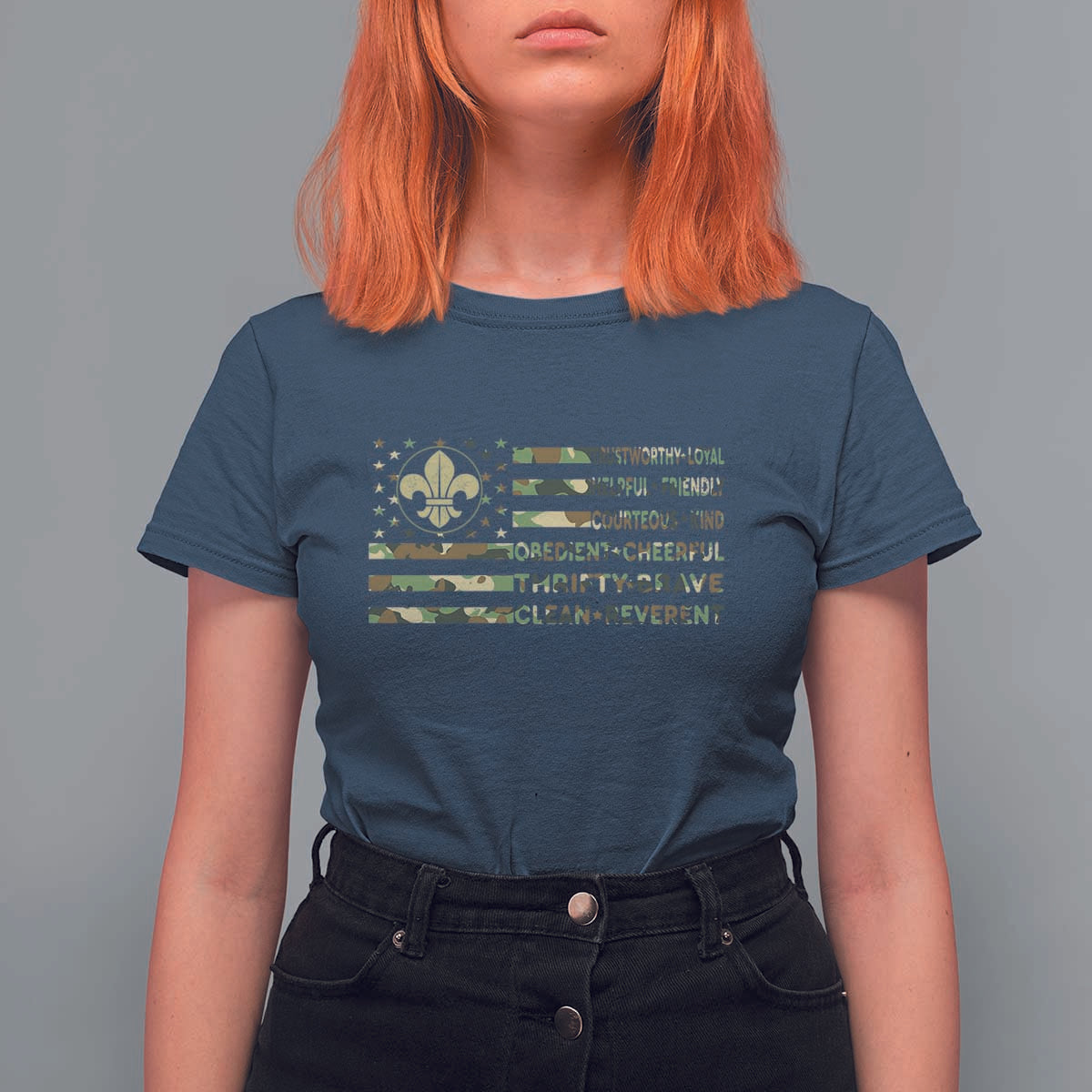 Scout Law Values T Shirt For Women American Camo Flag Retro Vintage