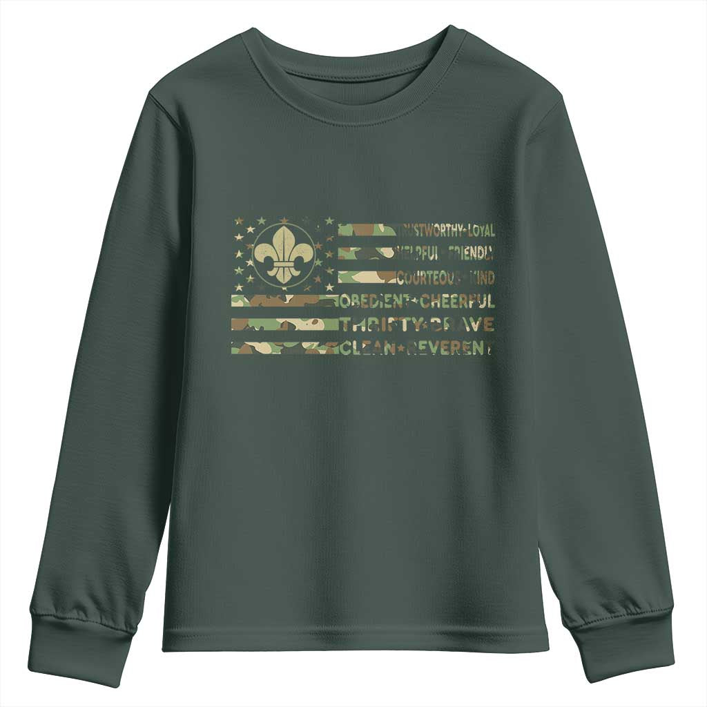 Scout Law Values Youth Sweatshirt American Camo Flag Retro Vintage
