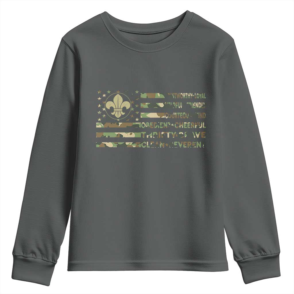 Scout Law Values Youth Sweatshirt American Camo Flag Retro Vintage