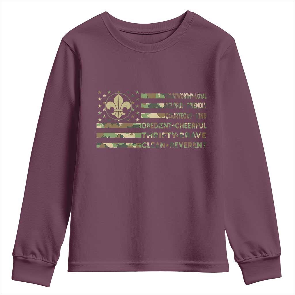 Scout Law Values Youth Sweatshirt American Camo Flag Retro Vintage