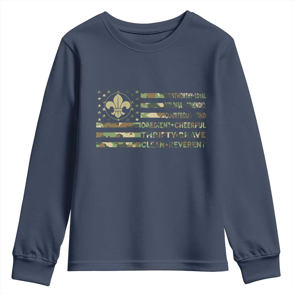 Scout Law Values Youth Sweatshirt American Camo Flag Retro Vintage