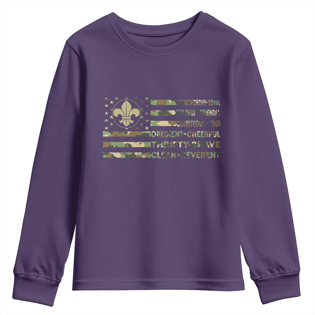 Scout Law Values Youth Sweatshirt American Camo Flag Retro Vintage