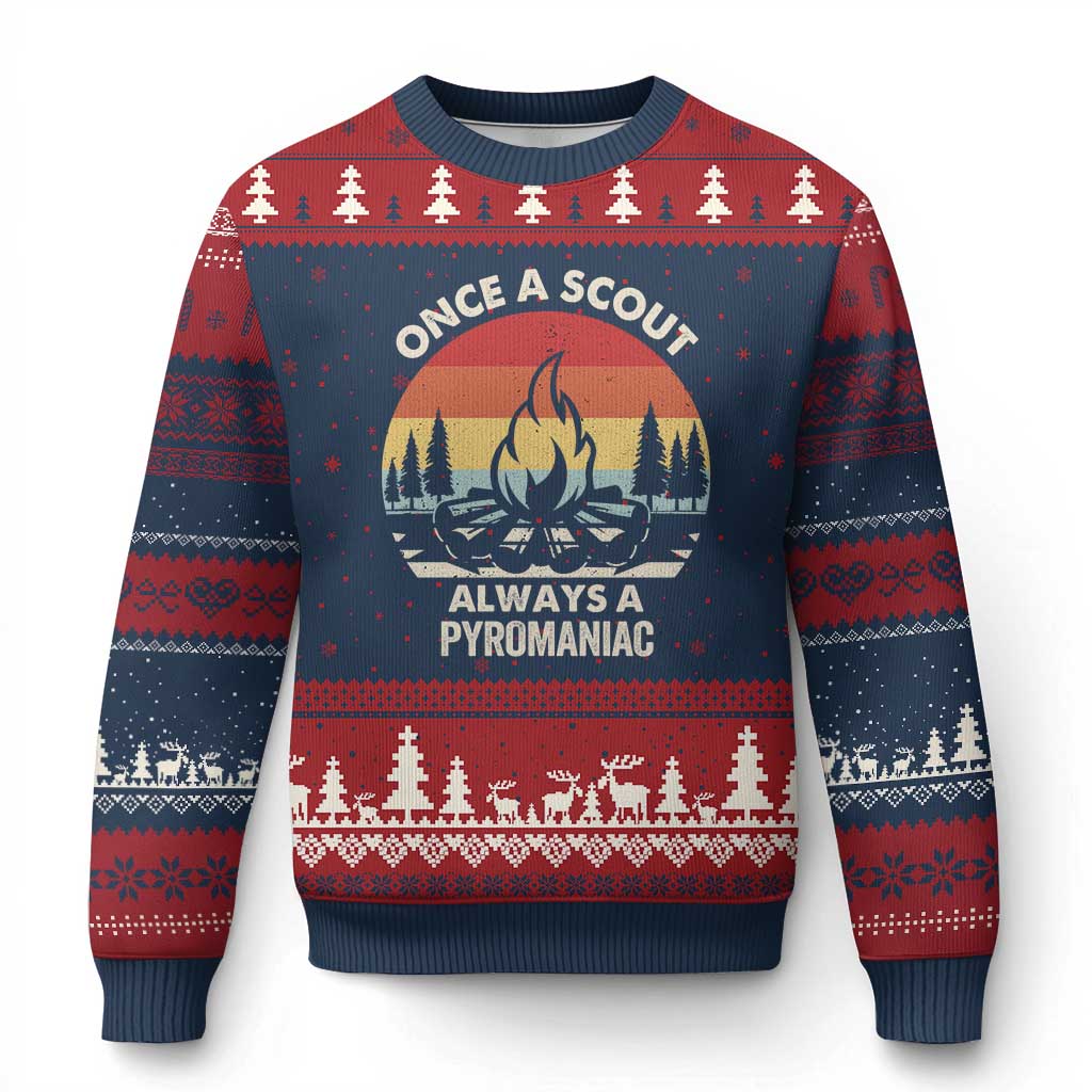 Funny Scout Ugly Christmas Sweater Once A Scout Always A Pyromaniac Adventure Retro - Wonder Print Shop
