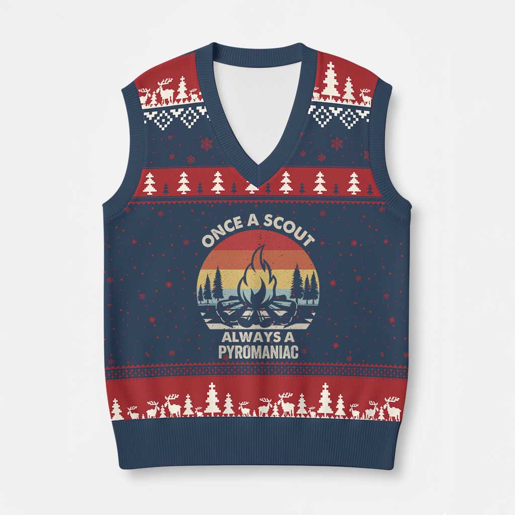 Funny Scout V-Neck Knit Sweater Vest Once A Scout Always A Pyromaniac Adventure Retro - Wonder Print Shop