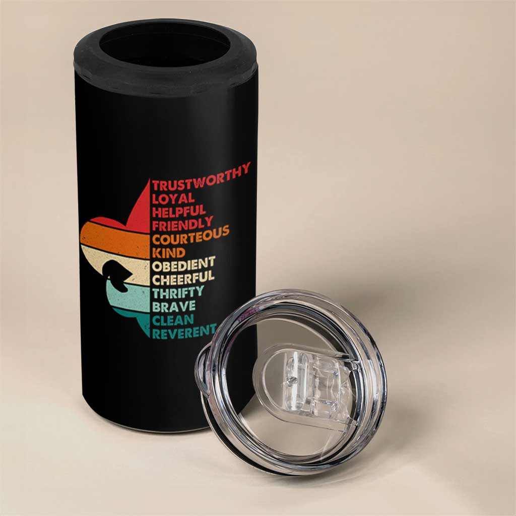 Retro Scout Law Values 4 in 1 Can Cooler Tumbler Vintage Fleur-de-Lis