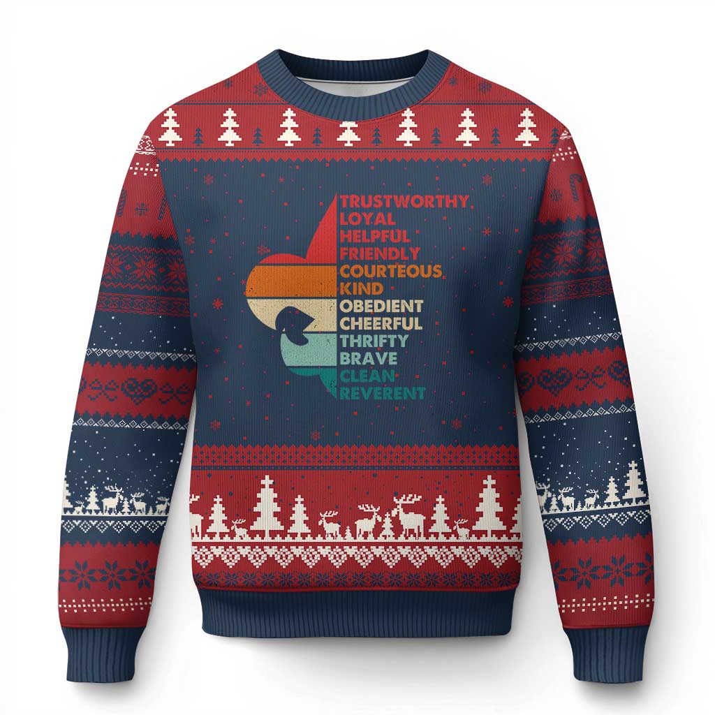 Retro Scout Law Values Ugly Christmas Sweater Vintage Fleur-de-Lis - Wonder Print Shop