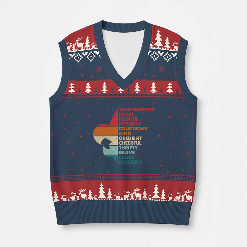 Retro Scout Law Values V-Neck Knit Sweater Vest Vintage Fleur-de-Lis - Wonder Print Shop