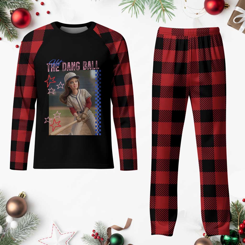Hit The Dang Ball Funny Doll Baseball Graphic Plaid Pajama Set Sassy Sports Fan Gift