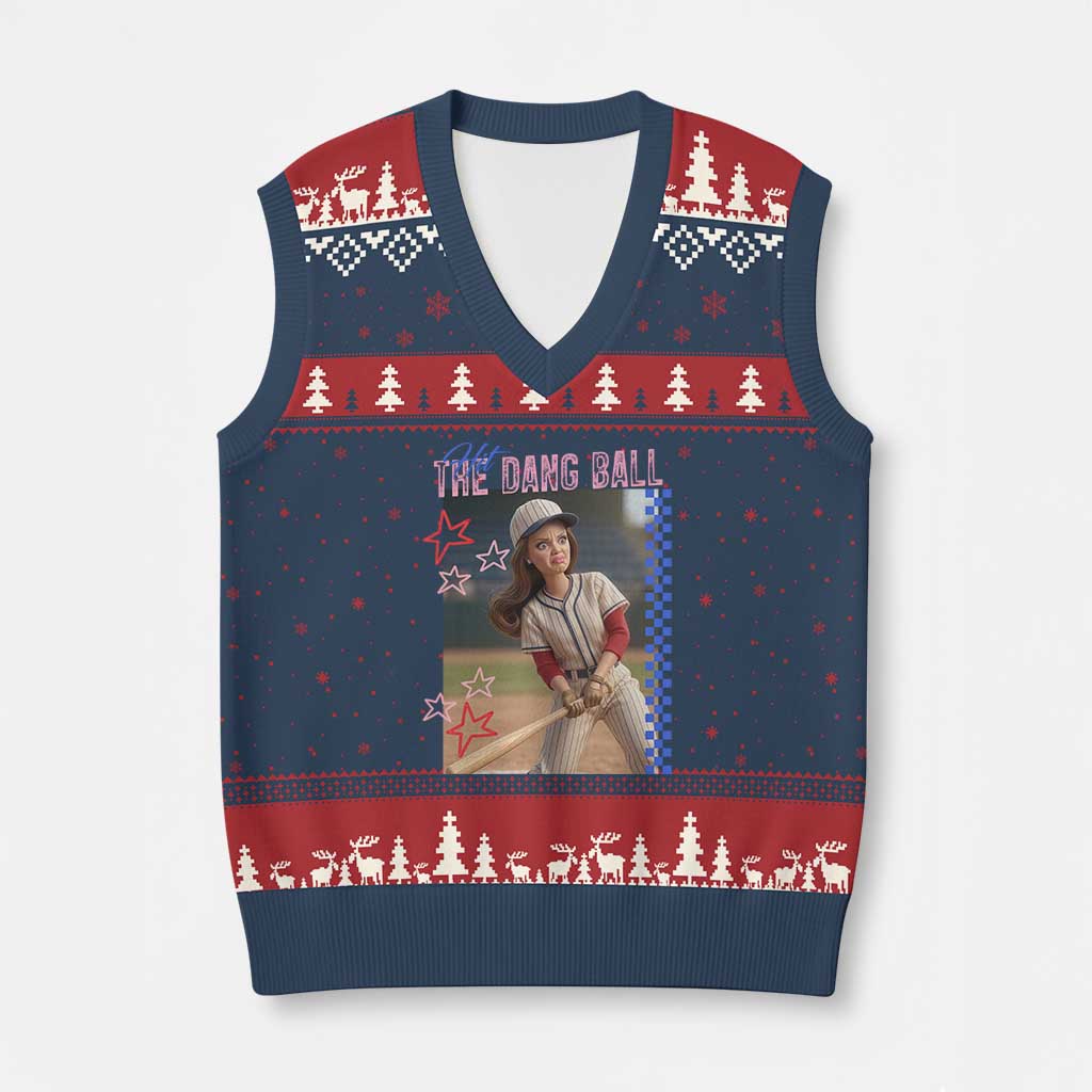Hit The Dang Ball Funny Doll Baseball Graphic V-Neck Knit Sweater Vest Sassy Sports Fan Gift