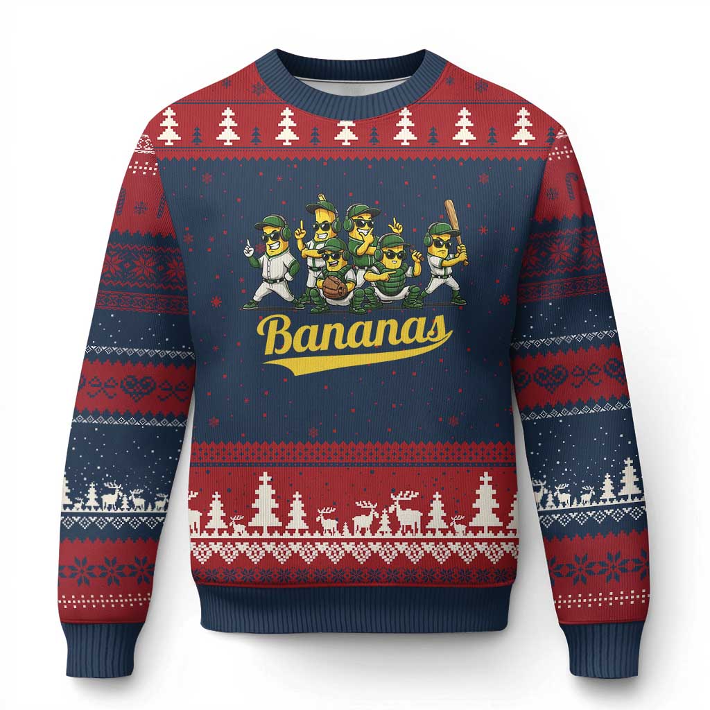Cool Bananas Squad Playing Baseball Graphic Ugly Christmas Sweater for Sports Fans Entertainment