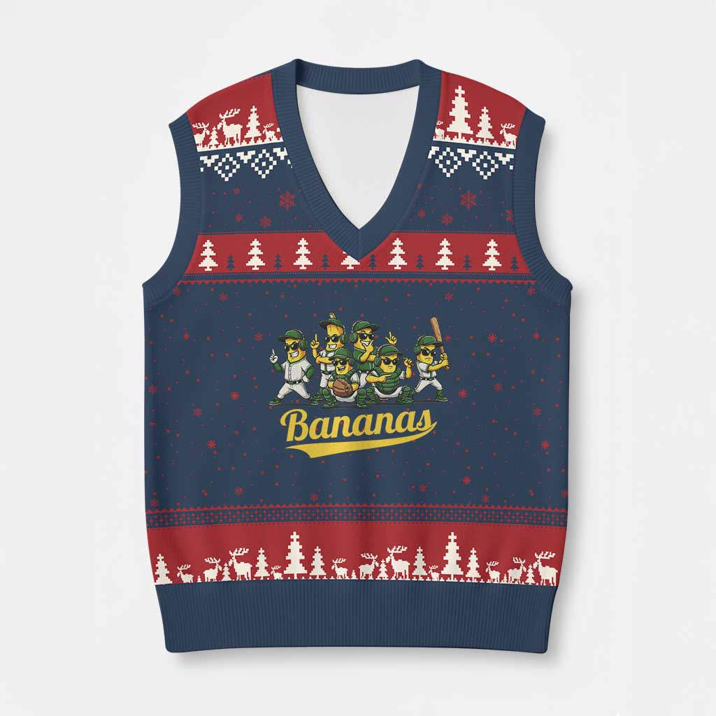 Cool Bananas Squad Playing Baseball Graphic V-Neck Knit Sweater Vest for Sports Fans Entertainment