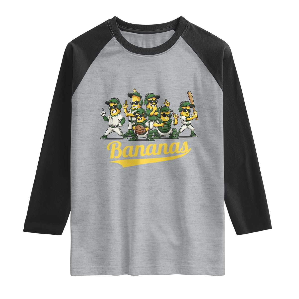 Cool Bananas Squad Playing Baseball Graphic Raglan Shirt for Sports Fans Entertainment