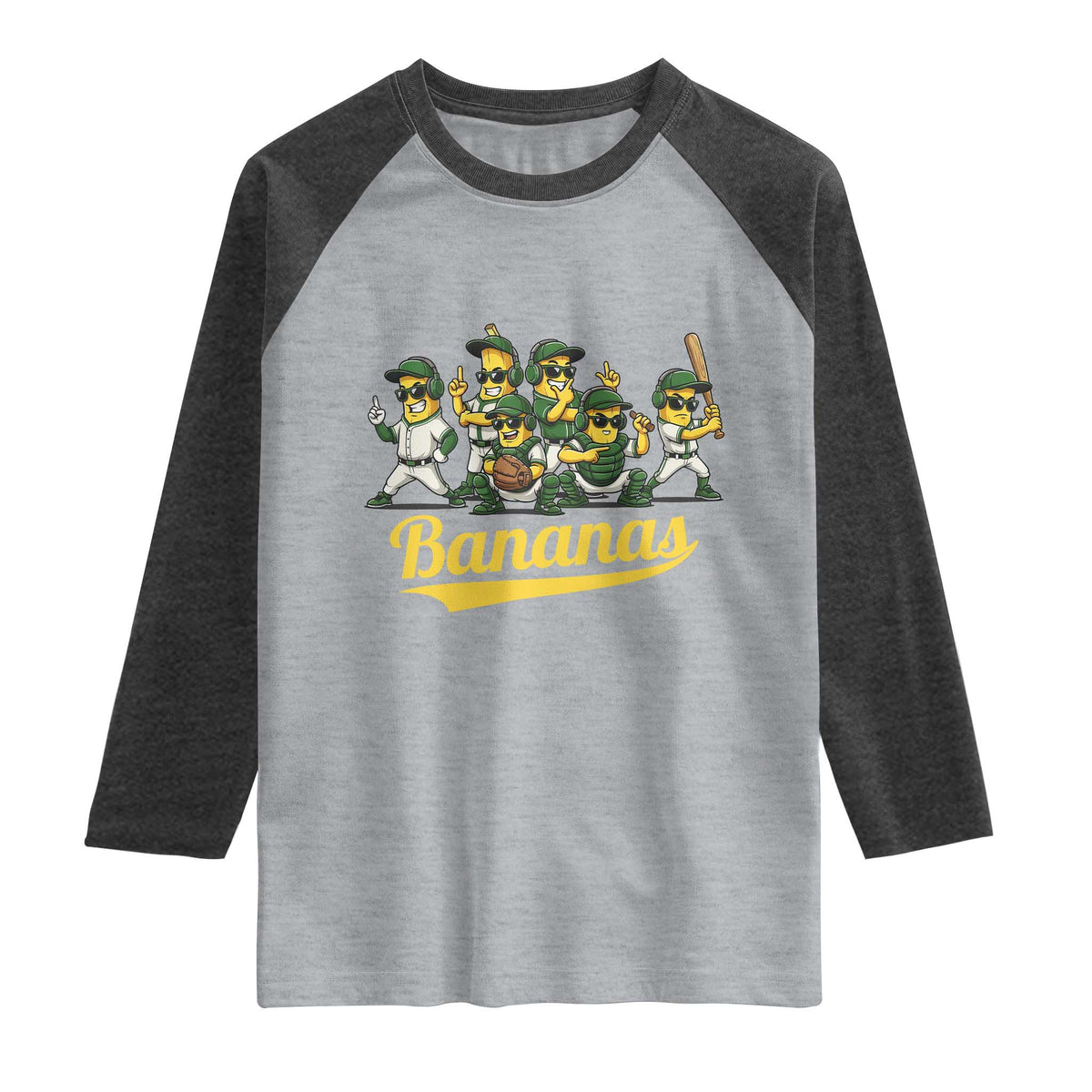 Cool Bananas Squad Playing Baseball Graphic Raglan Shirt for Sports Fans Entertainment