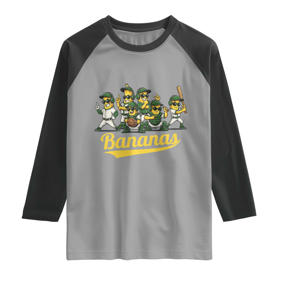 Cool Bananas Squad Playing Baseball Graphic Raglan Shirt for Sports Fans Entertainment
