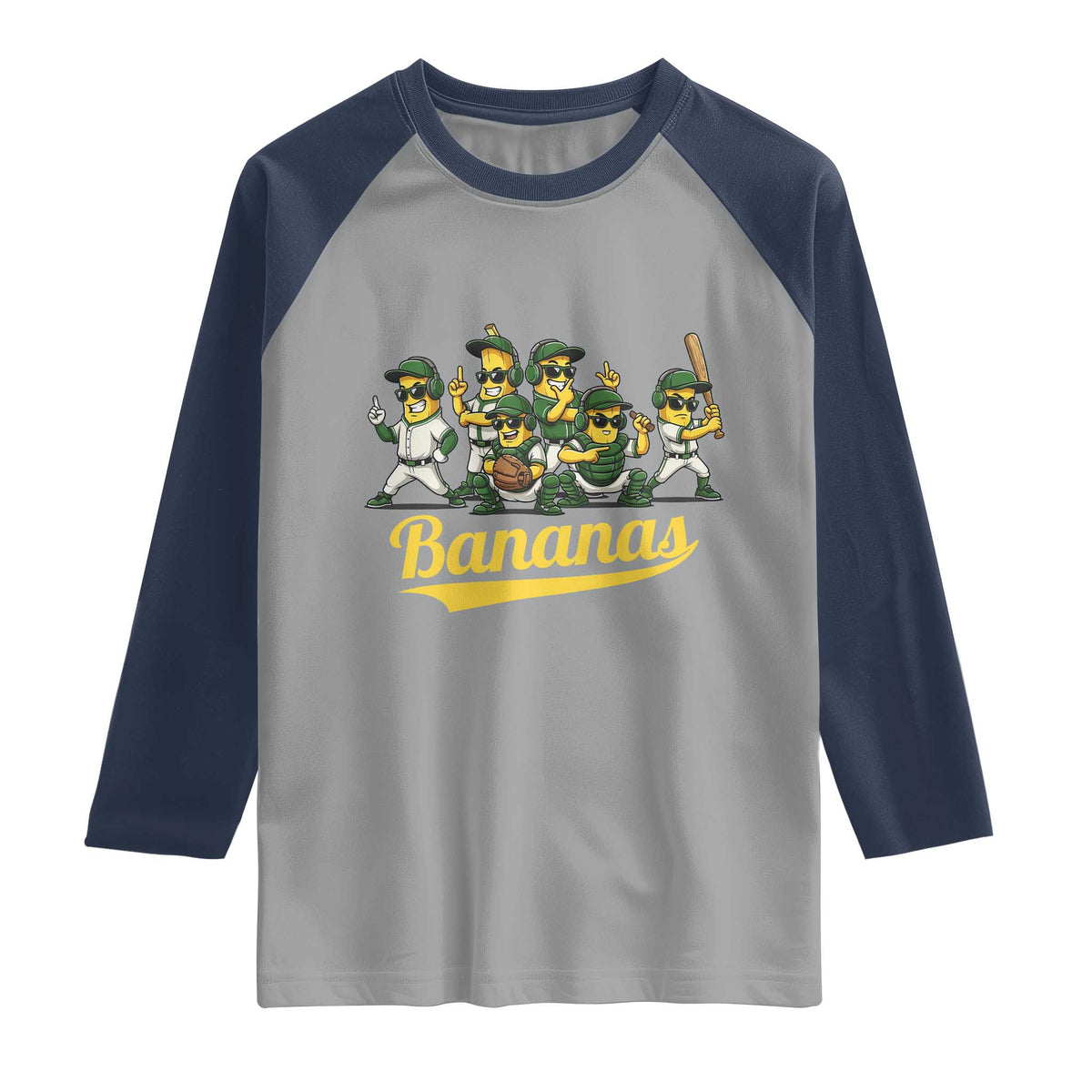 Cool Bananas Squad Playing Baseball Graphic Raglan Shirt for Sports Fans Entertainment