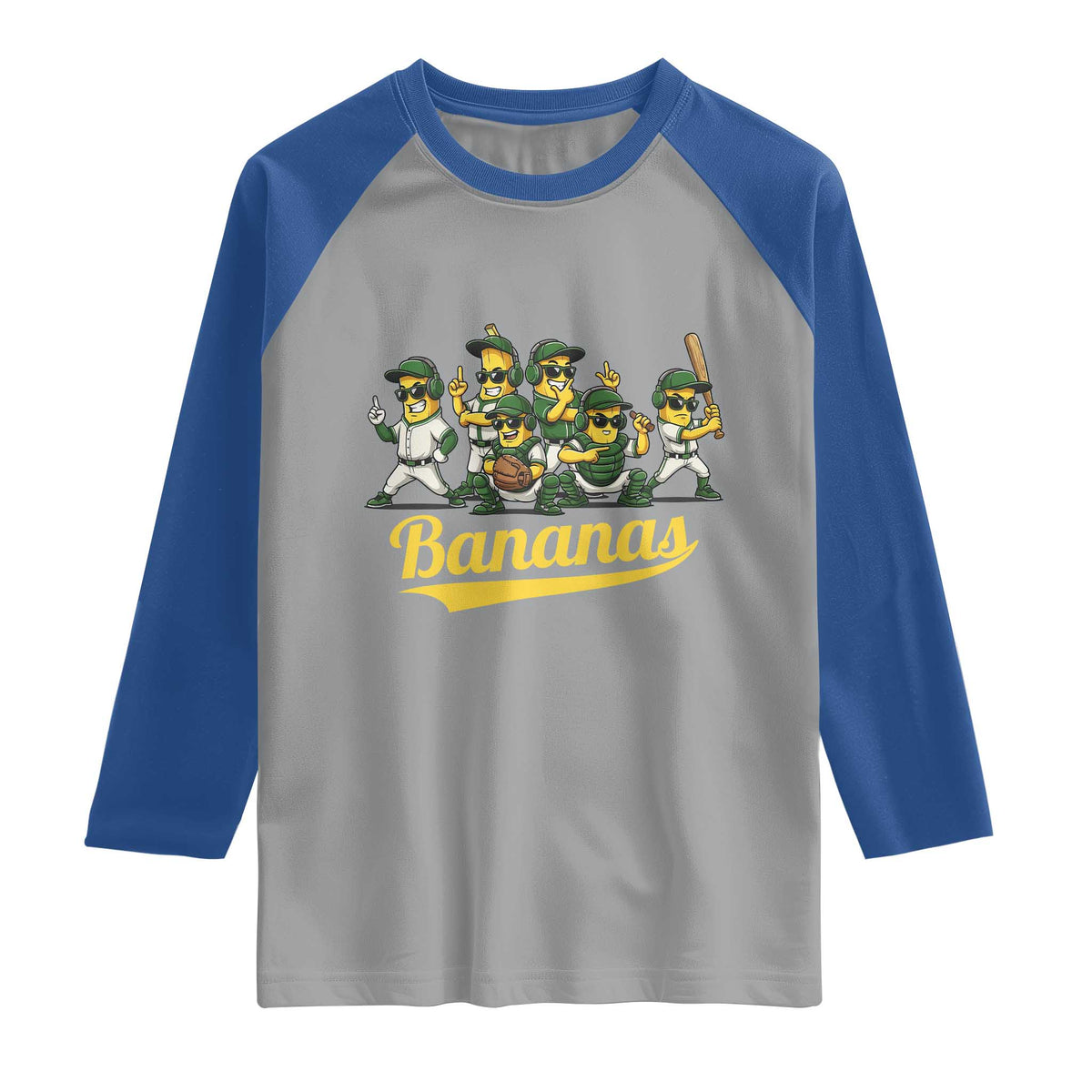 Cool Bananas Squad Playing Baseball Graphic Raglan Shirt for Sports Fans Entertainment