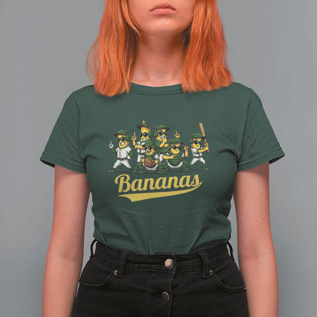 Cool Bananas Squad Playing Baseball Graphic T Shirt For Women for Sports Fans Entertainment