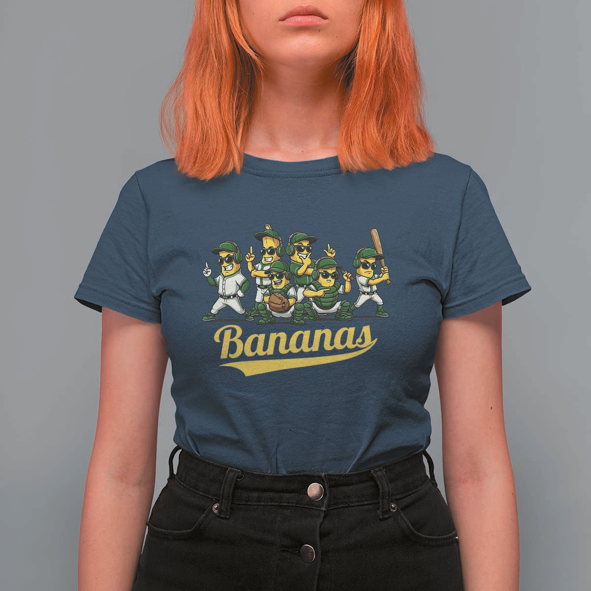 Cool Bananas Squad Playing Baseball Graphic T Shirt For Women for Sports Fans Entertainment