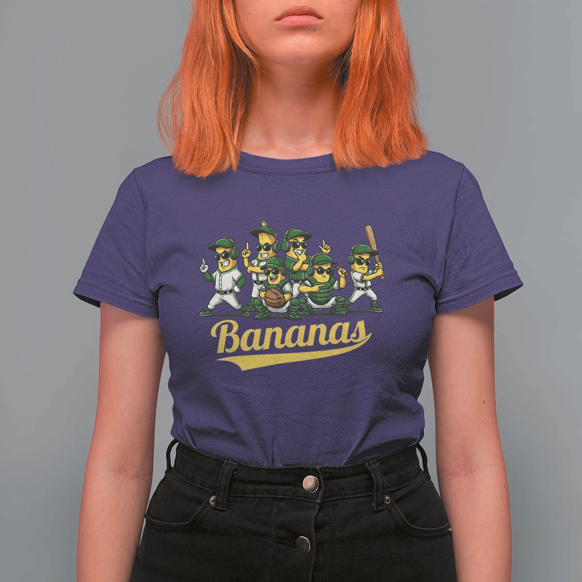 Cool Bananas Squad Playing Baseball Graphic T Shirt For Women for Sports Fans Entertainment