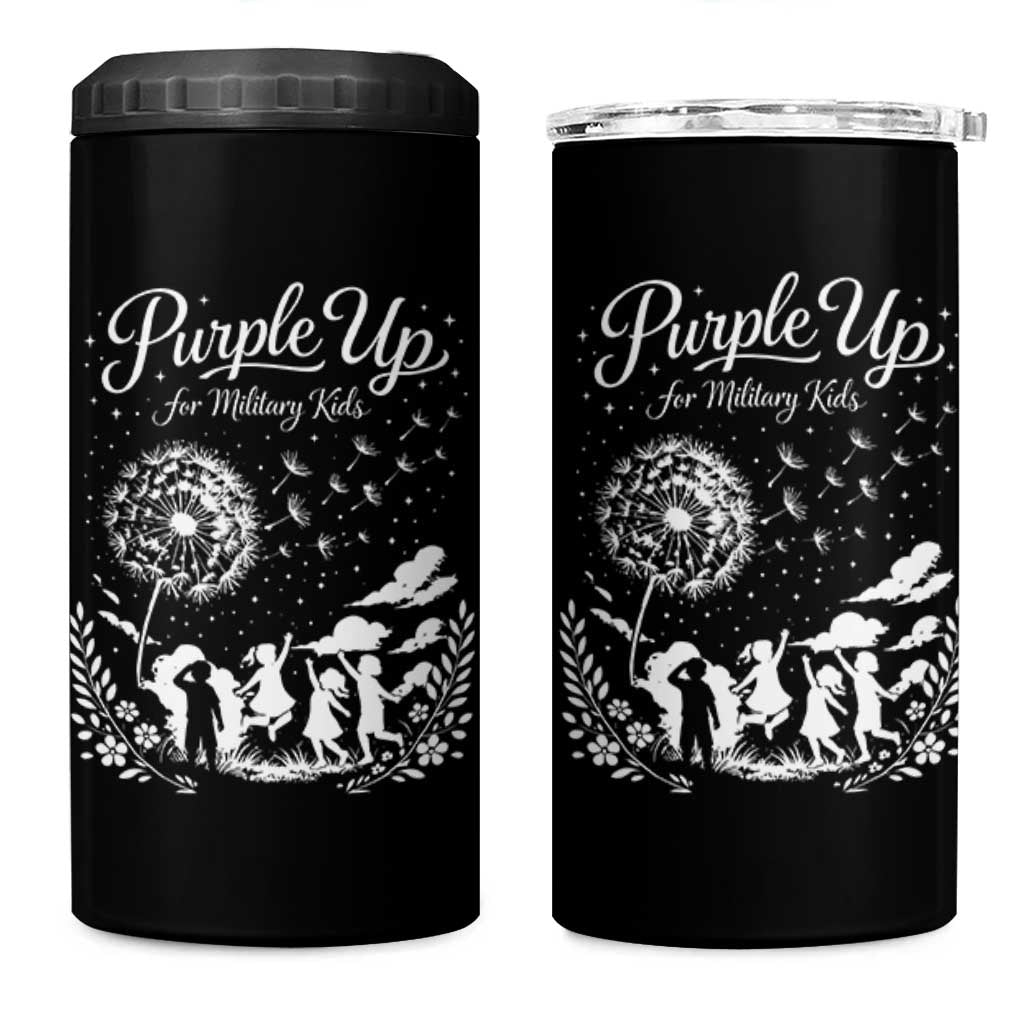Purple Up For Military Kids Dandelion Inspirational 4 in 1 Can Cooler Tumbler Month of the Military Child Awareness Brat Support