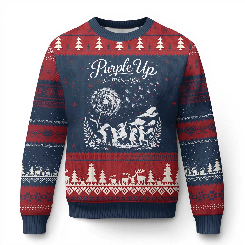 Purple Up For Military Kids Dandelion Inspirational Ugly Christmas Sweater Month of the Military Child Awareness Brat Support