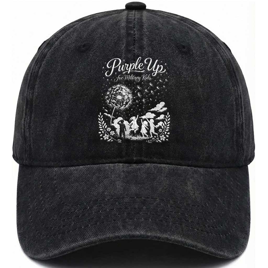 Purple Up For Military Kids Dandelion Inspirational Washed Cotton Baseball Cap Month of the Military Child Awareness Brat Support
