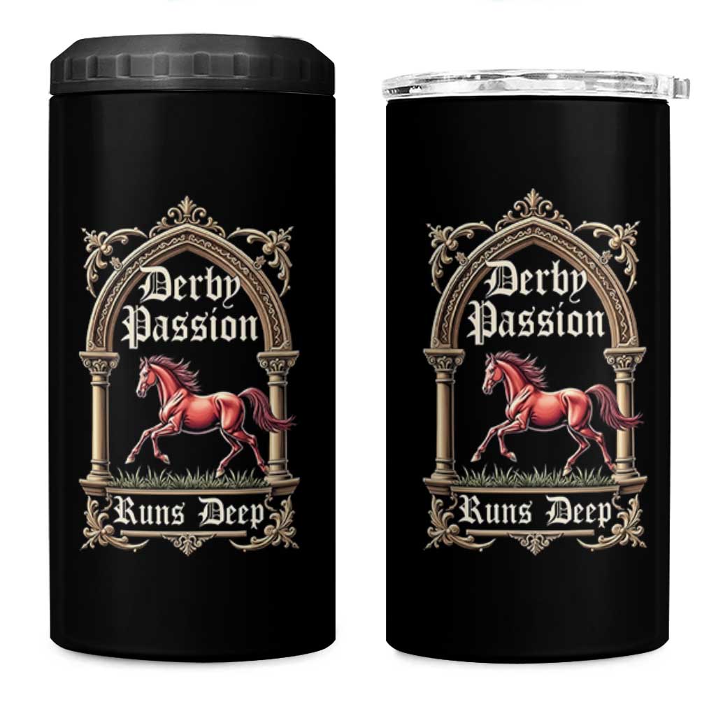 Derby Passion Runs Deep Elegant Horse Racing 4 in 1 Can Cooler Tumbler Vintage Gothic Arch Equestrian Thoroughbred Lover