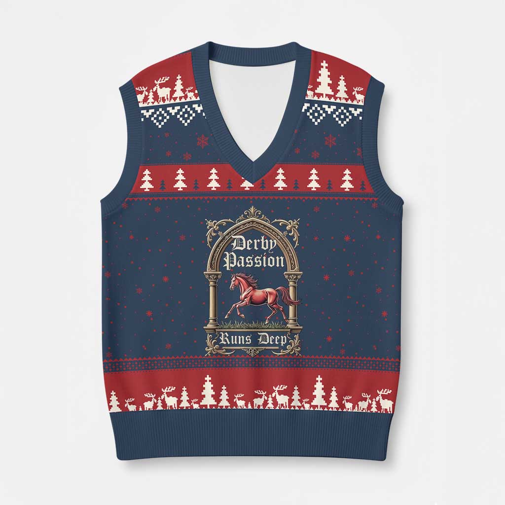 Derby Passion Runs Deep Elegant Horse Racing V-Neck Knit Sweater Vest Vintage Gothic Arch Equestrian Thoroughbred Lover