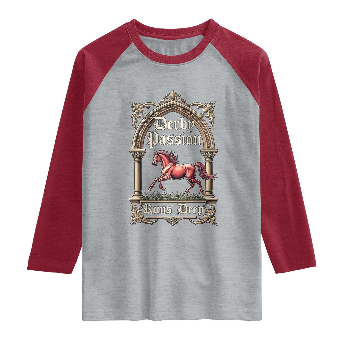Derby Passion Runs Deep Elegant Horse Racing Raglan Shirt Vintage Gothic Arch Equestrian Thoroughbred Lover