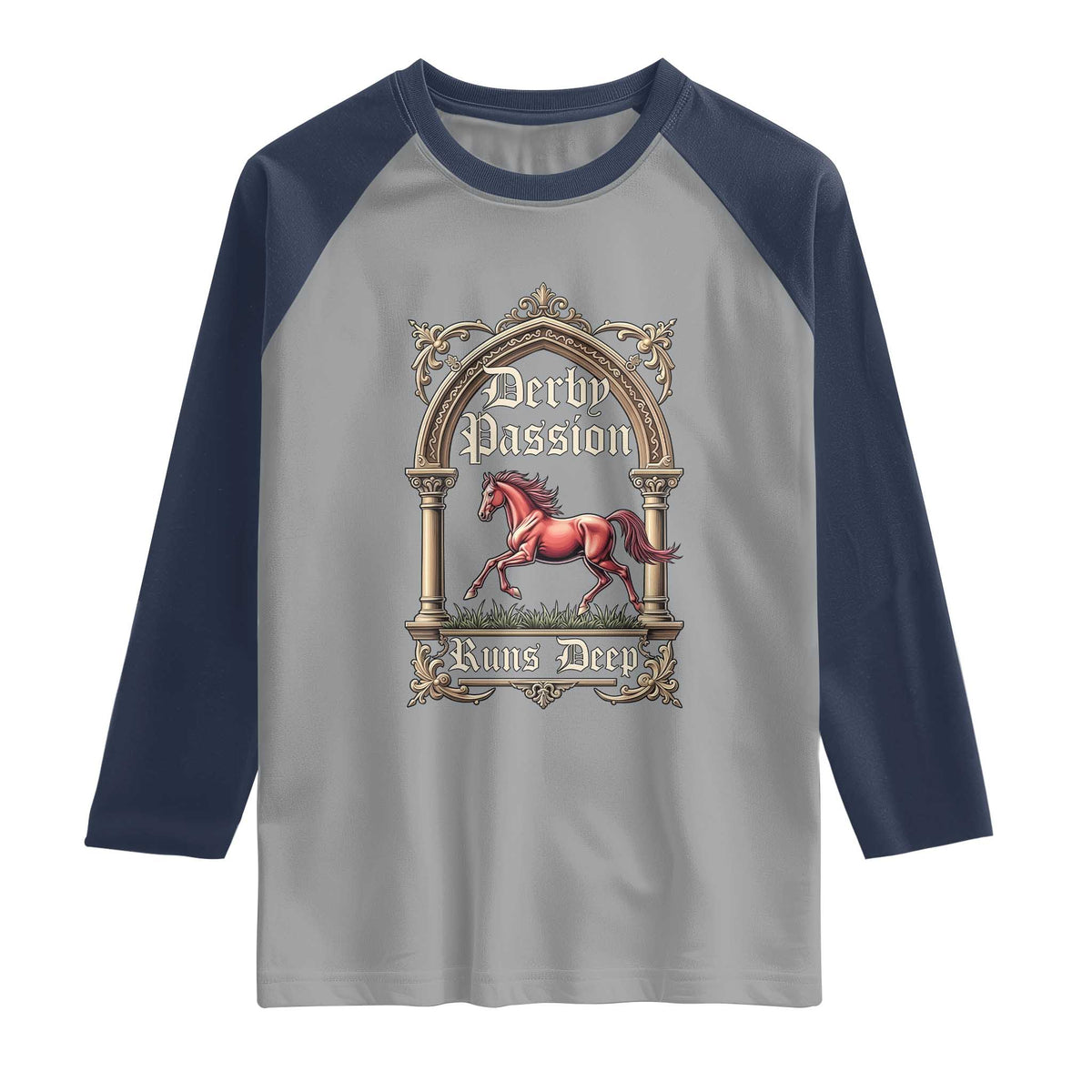 Derby Passion Runs Deep Elegant Horse Racing Raglan Shirt Vintage Gothic Arch Equestrian Thoroughbred Lover