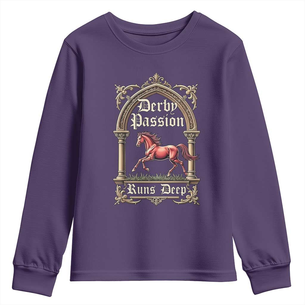 Derby Passion Runs Deep Elegant Horse Racing Youth Sweatshirt Vintage Gothic Arch Equestrian Thoroughbred Lover