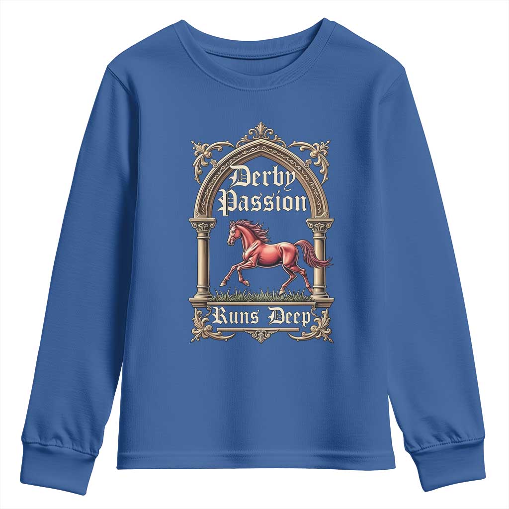 Derby Passion Runs Deep Elegant Horse Racing Youth Sweatshirt Vintage Gothic Arch Equestrian Thoroughbred Lover