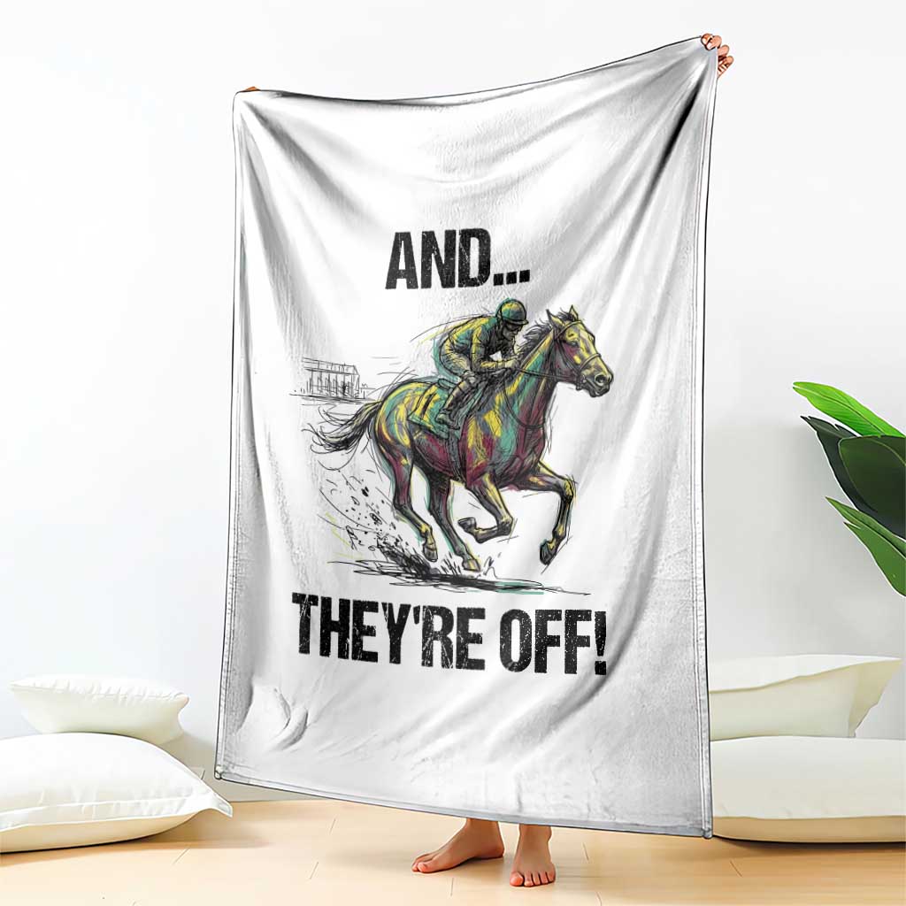 And They’re Off Colorful Horse Racing Sketch Throw Blanket Jockey and Thoroughbred Sprinting Race Day